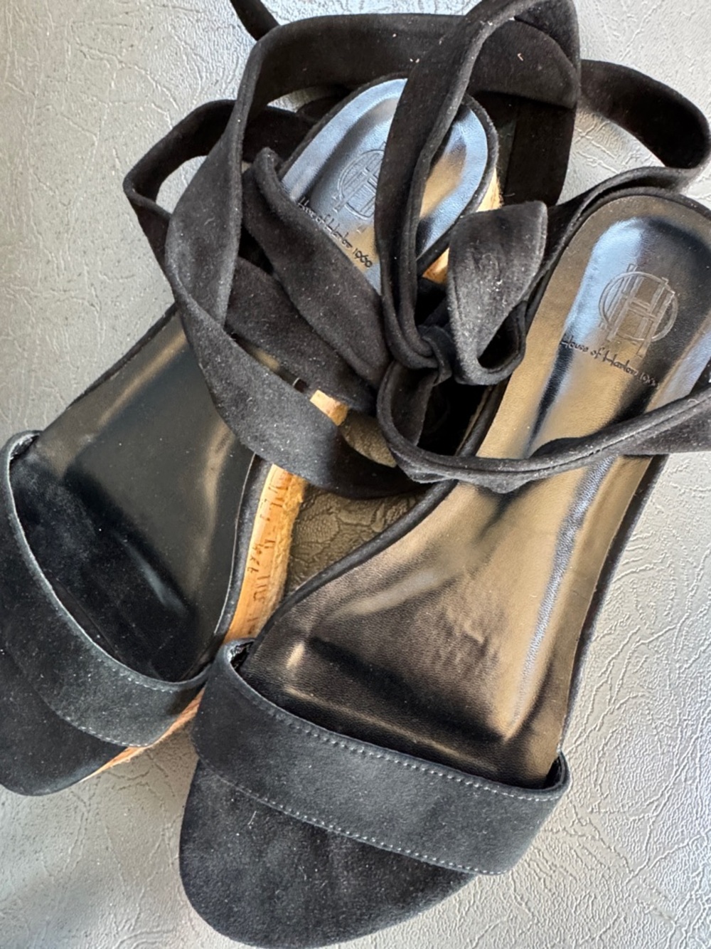 House of Harlow 1960 Black Suede Knot Wedge Sandals